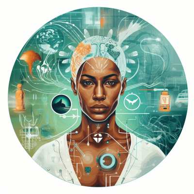 A circular illustration of an African woman in the center, surrounded by various symbols representing technology and science like digital icons or circuit patterns. The background is muted teal with subtle gradients to emphasize her central role. She has dark skin, wearing white attire, and there's tech equipment visible on one side. Her expression reflects confidence as she stands amidst these futuristic elements.