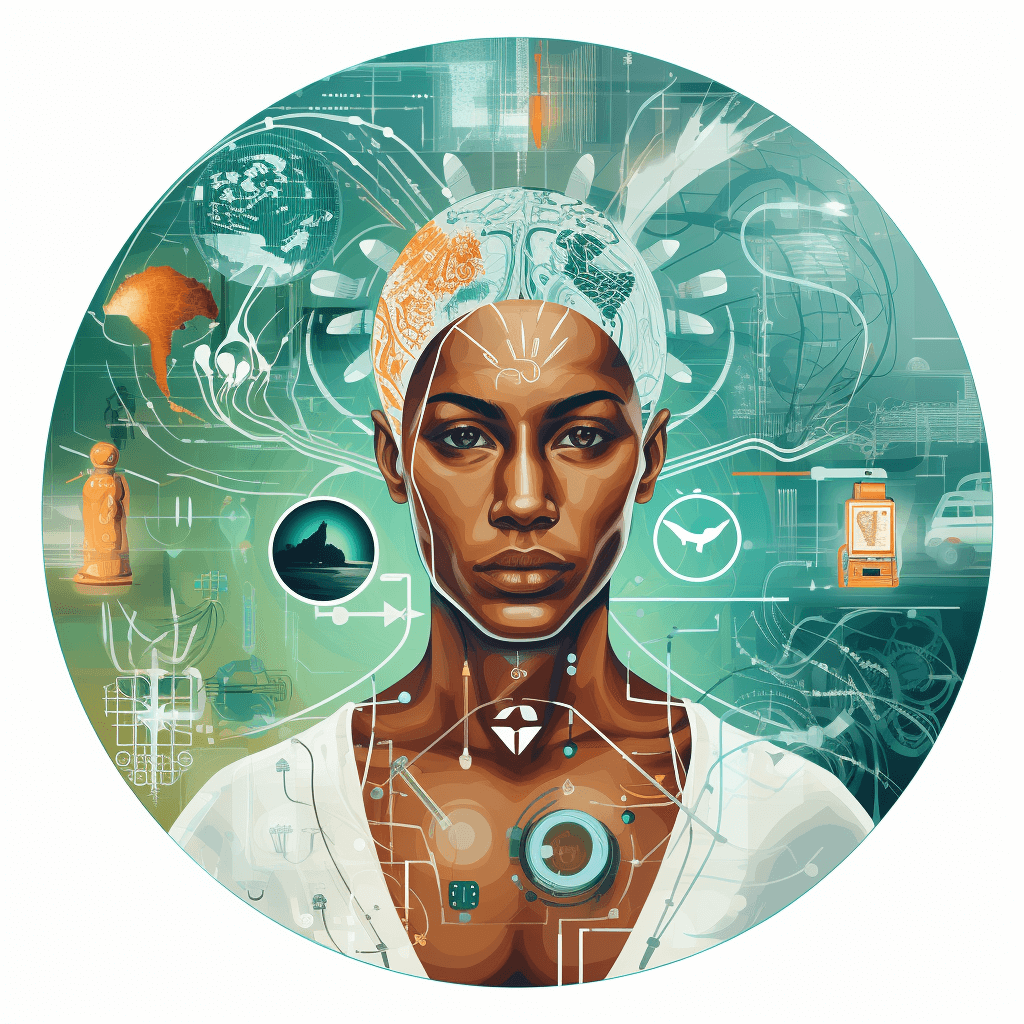 A circular illustration of an African woman in the center, surrounded by various symbols representing technology and science like digital icons or circuit patterns. The background is muted teal with subtle gradients to emphasize her central role. She has dark skin, wearing white attire, and there’s tech equipment visible on one side. Her expression reflects confidence as she stands amidst these futuristic elements.