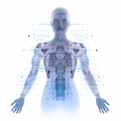 A transparent female human body with visible internal anatomy, made of light blue and white digital data points on the front view, set against an allwhite background. The figure is composed entirely from these digital elements, creating a futuristic appearance. It has two arms extended to both sides as if presenting something or engaging in conversation. There's no facial features depicted, just a single point at her center head area, adding depth to its appearance.