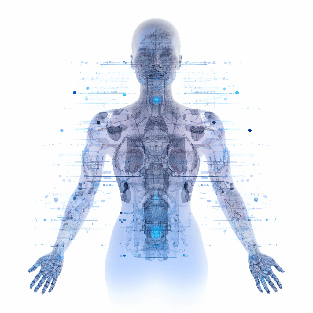 A transparent female human body with visible internal anatomy, made of light blue and white digital data points on the front view, set against an allwhite background. The figure is composed entirely from these digital elements, creating a futuristic appearance. It has two arms extended to both sides as if presenting something or engaging in conversation. There’s no facial features depicted, just a single point at her center head area, adding depth to its appearance.