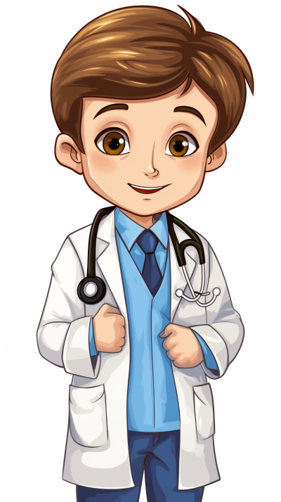 Cartoon style vector illustration of young boy doctor with brown hair, wearing white lab coat and blue shirt underneath, stethoscope around neck, smiling at viewer, hands in pockets pose, full body portrait on isolated background, high resolution, no text or images, professional design, suitable for kids book cover, cute cartoon character illustration. Isolated pure White Background