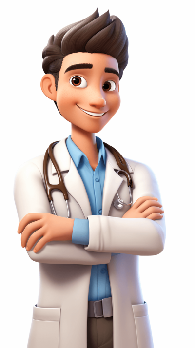 male doctor, in the style of Pixar, cartoon character with arms crossed smiling and wearing a white coat and blue shirt, full body shot, on a solid background, 3D rendering, in the style of Disney and Pixar animation, detailed.