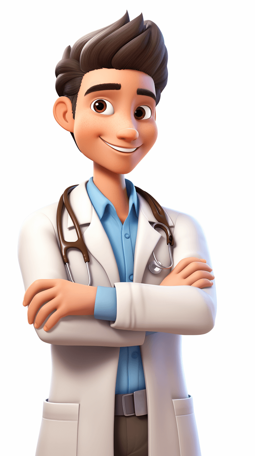 male doctor, in the style of Pixar, cartoon character with arms crossed smiling and wearing a white coat and blue shirt, full body shot, on a solid background, 3D rendering, in the style of Disney and Pixar animation, detailed.