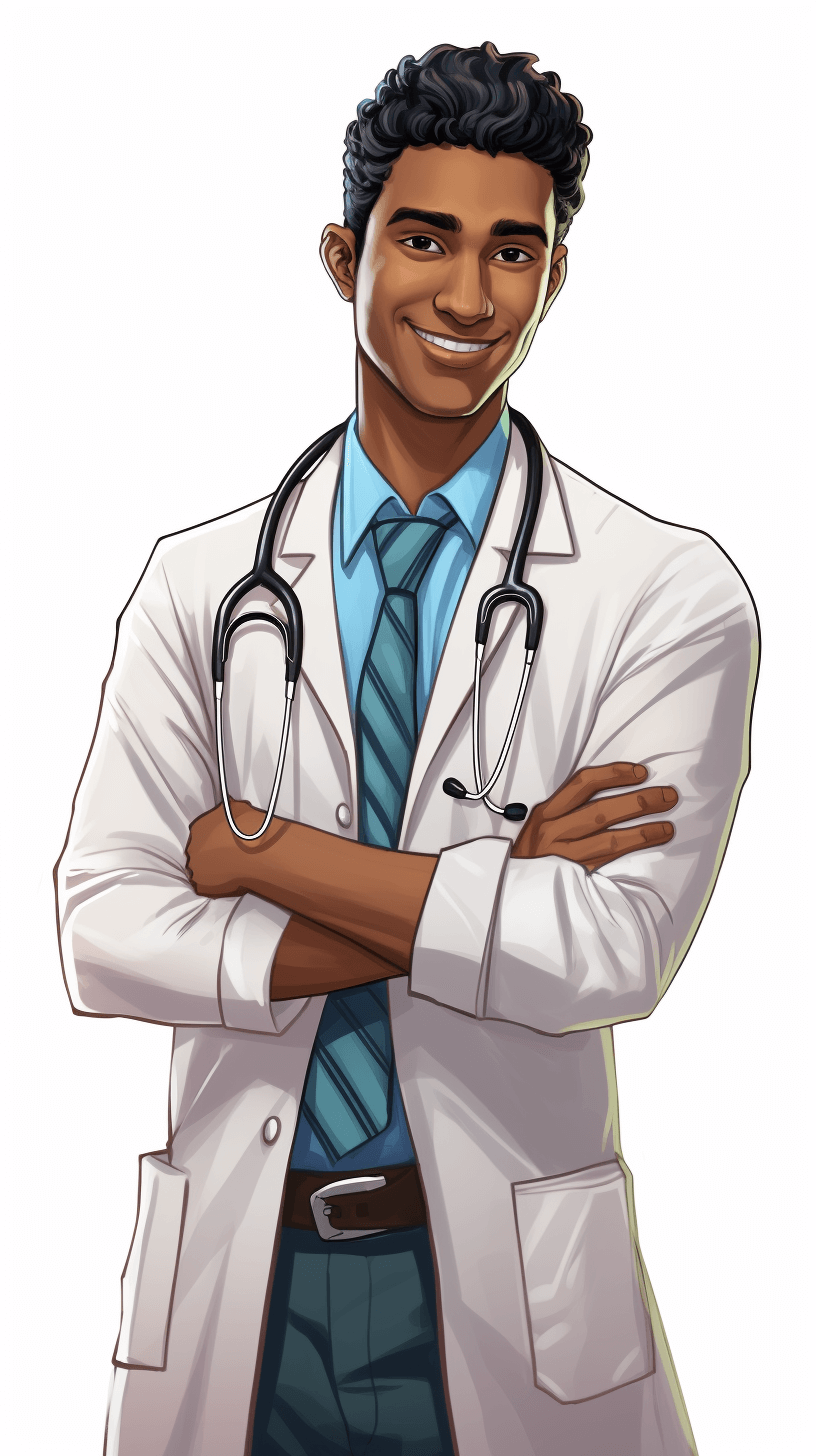 an attractive young adult black male doctor with dark hair, wearing white lab coat and blue tie, smiling softly while standing in front of the camera with his arms crossed, detailed facial features, cartoon style character design on isolated background, 2d game art, soft shading, subtle expressions, flat colors