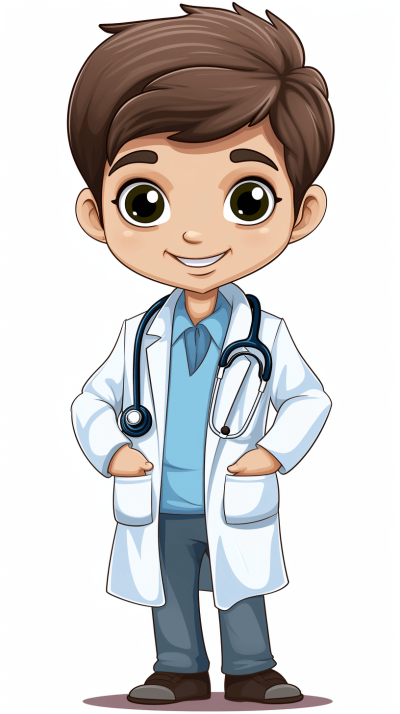 a cute cartoon of young boy doctor with brown hair and big eyes, wearing white lab coat, stethoscope around neck, standing tall pose, clipart style isolated on plain background