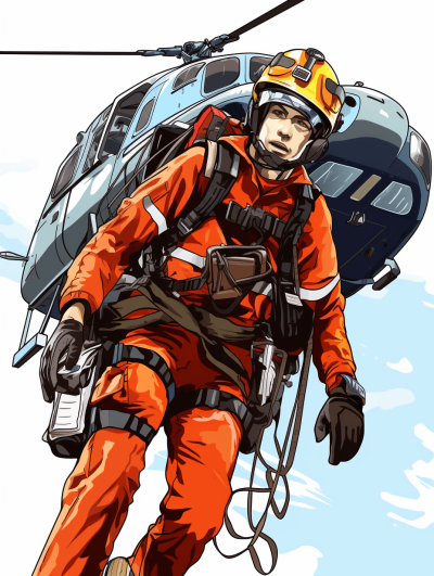 A man in an orange high visibility jacket, wearing black gloves and helmet is climbing out of the helicopter with medical equipment hanging on his belt. He has short hair, a very handsome face, white skin, blue eyes, with a flat illustration style, using vector graphics, bold lines, high resolution, high details, for the best quality. The background color should be a light sky blue, with no clouds or fog, creating a simple yet powerful comic book feel. A high angle perspective. Using a wideangle lens.