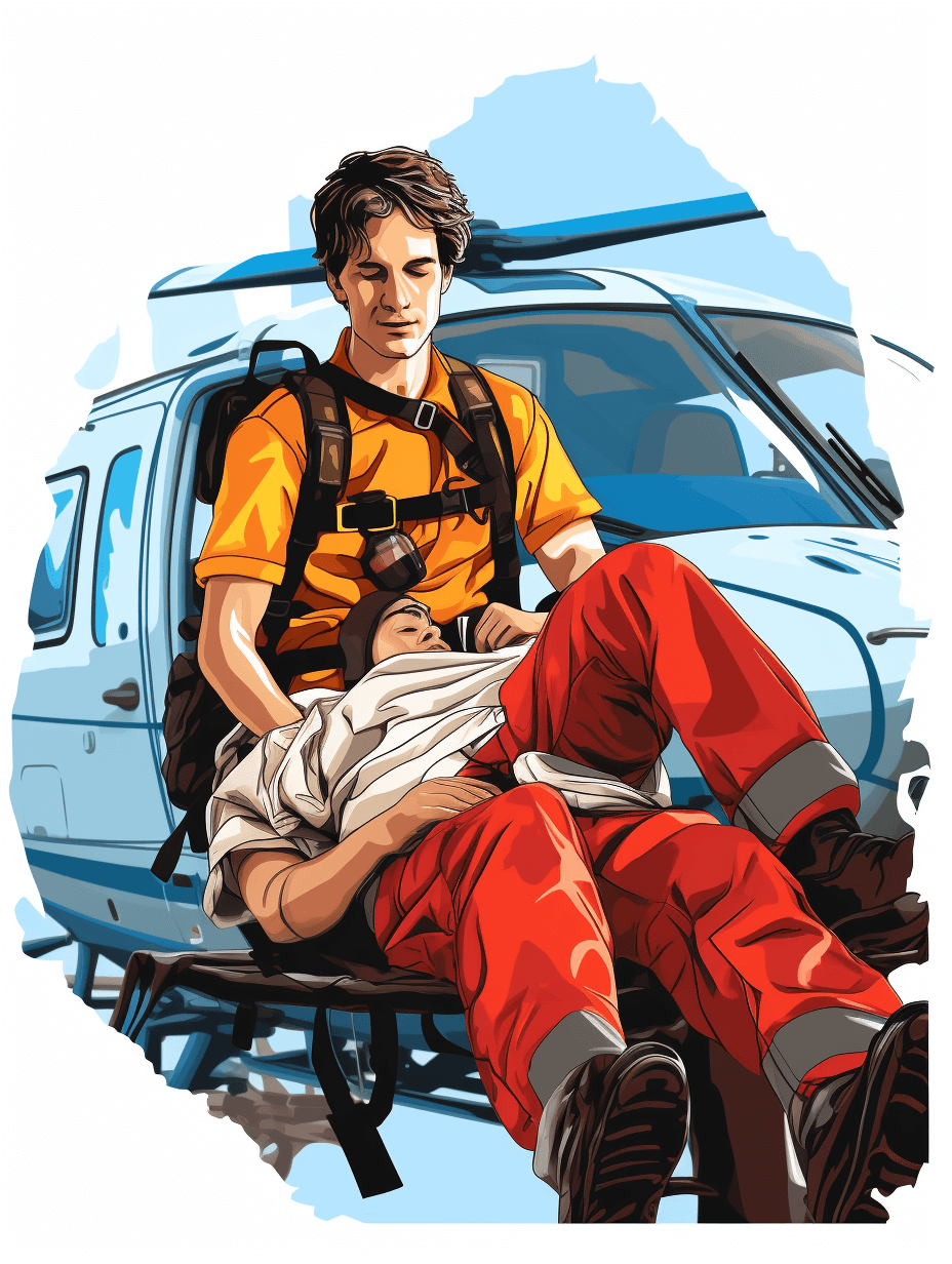 In the style of GTA, this vector art cartoon illustration uses flat colors. A paramedic wearing an orange shirt and red pants is carrying his patient on a medical stretcher into a helicopter. With a white background, high resolution, and professional quality details in sharp focus, the artwork looks beautiful.