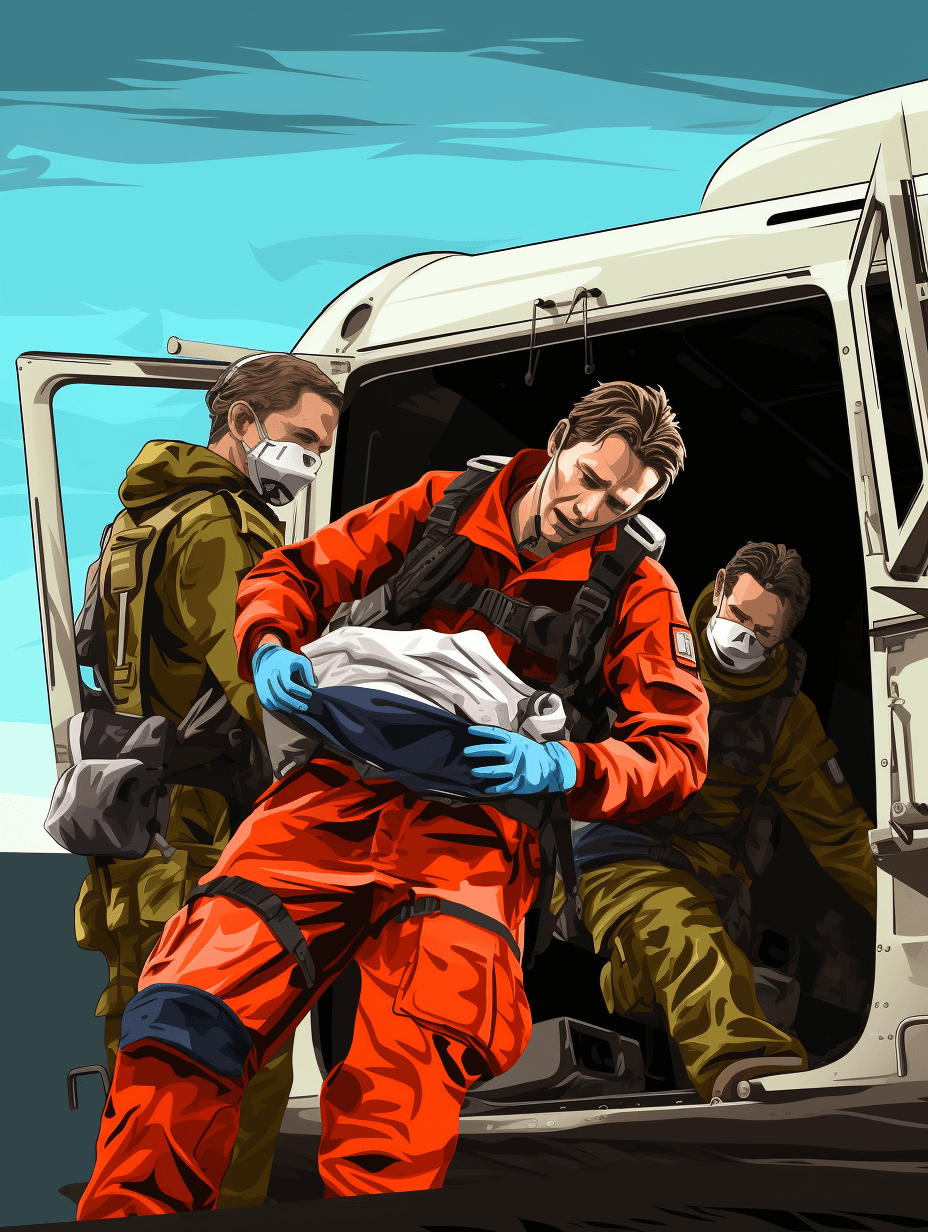 An illustration of an emergency medical team wearing orange jumpsuits and blue gloves carrying the baby in white into their truck, while two men with green military uniforms watch from behind them. The background is a bright sky. Vector style, colorful, high resolution, high detail, professional color grading, clean lines, sharp focus, hyperrealistic, highly detailed, highresolution vector art, in the style of 30k.