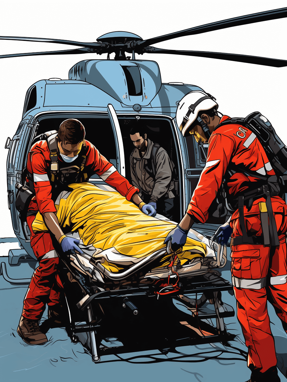 In the style of John, photo realistic vector graphic comic book art in the style of [Brian Michael Bendis](https://goo.gl/search?artist%20Brian%20Michael%20Bendis), a full body shot of paramedic team members carrying an emergency patient on a gurney into a helicopter with a man in the background wearing a red and white jumpsuit, with high contrast colors, high resolution, highly detailed, lineart vector artwork on a white background