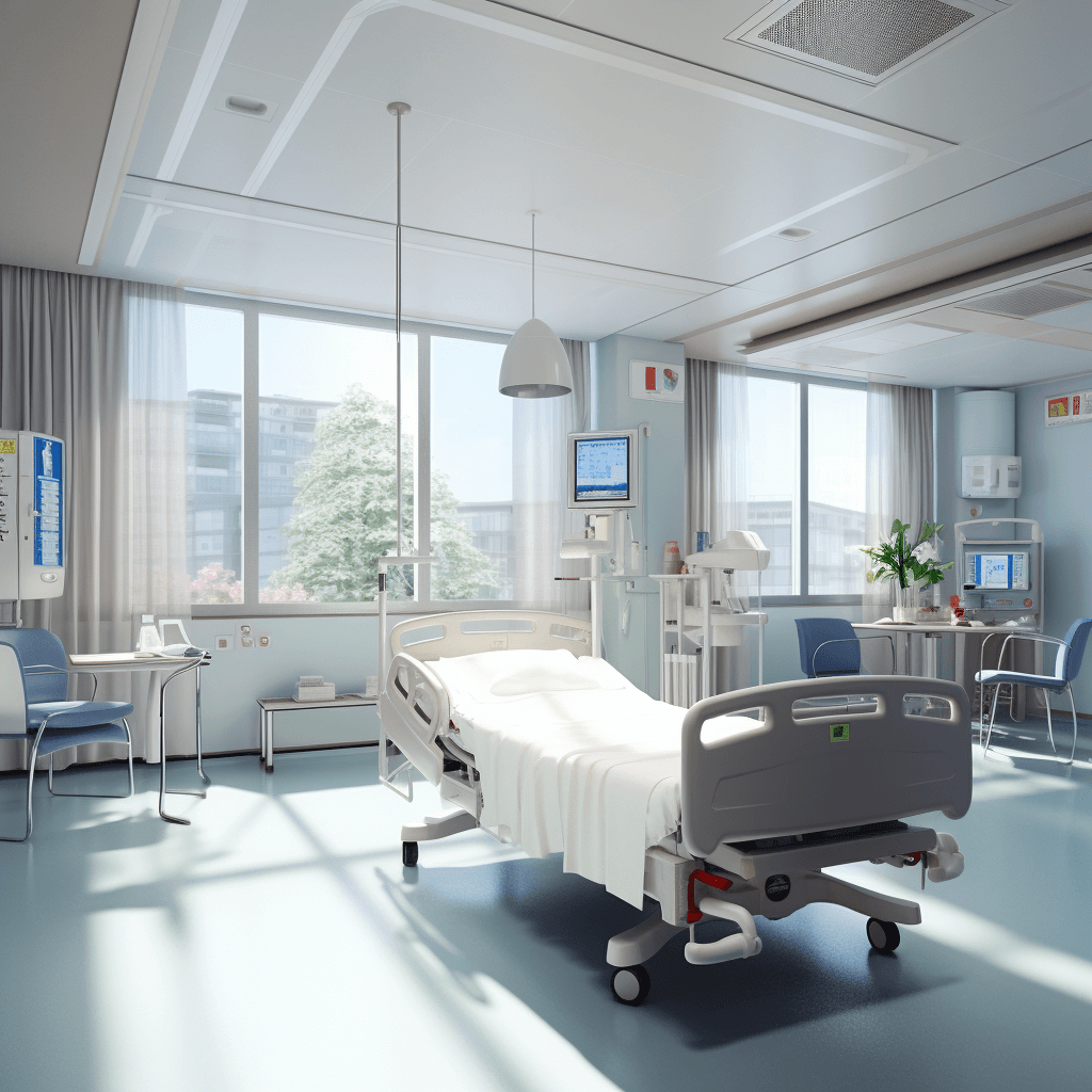 A modern hospital room with medical equipment and patient beds, rendered in a realistic photo style. The scene includes an empty bed for medical workers to set up their work area. A window is open on the left side of the picture showing natural light entering from outside. There is also some furniture such as chairs, desks, various monitor screens, and digital recorders placed around the area. In general, it creates a clean environment where healthcare professionals can do precision work in the style of stock images.