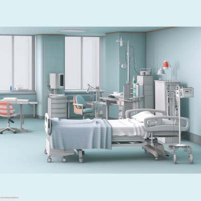 A realistic rendering of a hospital room with medical equipment and furniture, rendered in the style of cinema4d, with a light blue color scheme and high resolution. The scene contains a bed with sheet in the center of the composition and other medical tools around the patient's table. The scene should have a clean and professional look without any background elements.