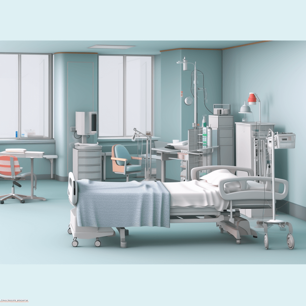 A realistic rendering of a hospital room with medical equipment and furniture, rendered in the style of cinema4d, with a light blue color scheme and high resolution. The scene contains a bed with sheet in the center of the composition and other medical tools around the patient’s table. The scene should have a clean and professional look without any background elements.