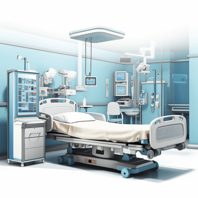 A realistic illustration of an operating room with medical equipment and hospital bed in light blue color scheme. The background is clean, without any furniture or people to emphasize the professional nature of medicine. There's space for text on one side, making it suitable as cover art or promotional material. This style focuses solely upon creating a highquality, detailed depiction of both healthcare environment and equipment.