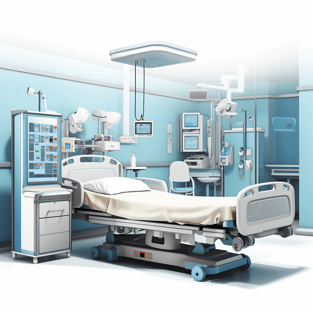 A realistic illustration of an operating room with medical equipment and hospital bed in light blue color scheme. The background is clean, without any furniture or people to emphasize the professional nature of medicine. There’s space for text on one side, making it suitable as cover art or promotional material. This style focuses solely upon creating a highquality, detailed depiction of both healthcare environment and equipment.