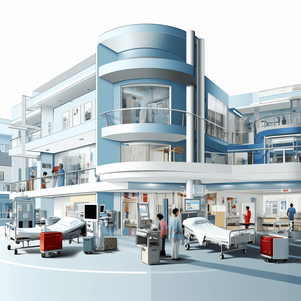 A hospital building with busy medical staff and patients in the interior, surrounded by modern equipment such as beds, cameras, televisions, windows overlooking outdoor scenery. The exterior of buildings is light blue and white, creating an atmosphere of urban life. The rendering style is in the style of realism. White background. Wide angle lens. Soft lighting. High resolution details. Detailed illustrations. Vibrant colors. Medium shot perspective. High definition.