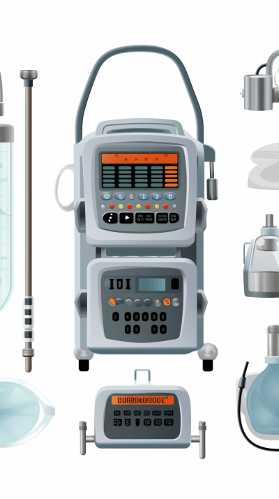 An illustration of various medical equipment, including an ultrasound wave machine and breathing tube, displayed on a white background. The central focus is a digital display showing "G FormBuilder" with buttons for settings like heart rate or oxygen level in gray color tones. Surrounding it are smaller illustrations of vials, tubes, gloves, mask, with highly detailed styles.