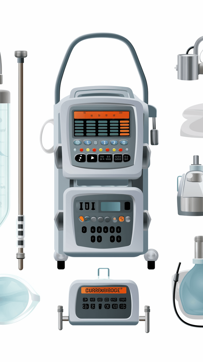 An illustration of various medical equipment, including an ultrasound wave machine and breathing tube, displayed on a white background. The central focus is a digital display showing “G FormBuilder” with buttons for settings like heart rate or oxygen level in gray color tones. Surrounding it are smaller illustrations of vials, tubes, gloves, mask, with highly detailed styles.