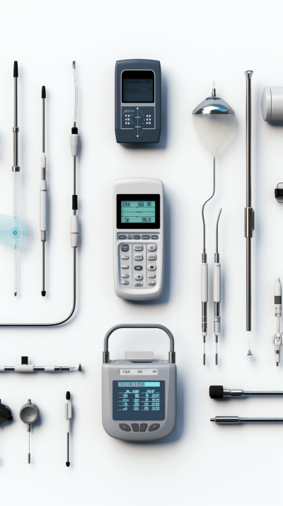 A high-resolution, photorealistic top-down view of various medical devices and tools arranged on the left side of a all-white background. The focus is centered around two electronic devices in the foreground. These elements should be highly detailed to showcase their advanced technology and use in healthcare and patient care. The overall composition must convey depth while maintaining simplicity with clear contrast between white space for text and the grey items.