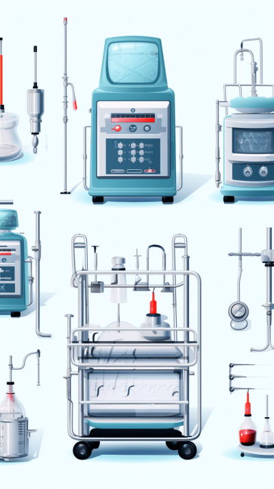 A set of vector illustrations on the theme of medical equipment, in different poses and colors, featuring an electronic machine for laboratory glassware in the style of a garage sale, in light blue color tones, with metal stands, an industrial trolley for holding vials, various test tubes and beakers with pipes connected to it, white background, professional illustration with hyperrealistic details, high resolution, highly detailed in the style of hyperrealism.