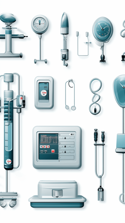 Illustrations of medical equipment, such as digital readouts and stethoscopes, arranged in an aesthetically pleasing layout on a white background.