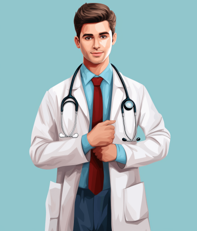 vector illustration of young handsome doctor in white coat with stethoscope around neck, hand on chest wearing red tie, blue background, full body portrait