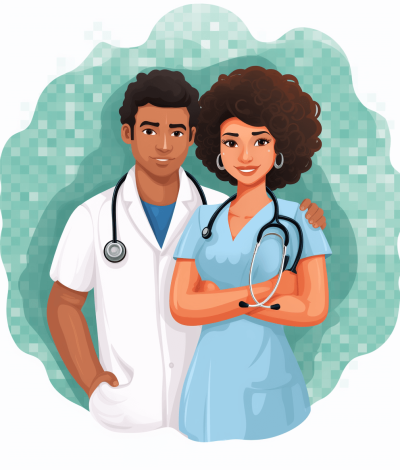 Clipart of an attractive young Afro American nurse with curly hair wearing scrubs, standing next to her male doctor boyfriend who is also handsome and wears a white coat. Clipart vector illustration digital painting logo with no text on an isolated background, in the style of no particular artist.