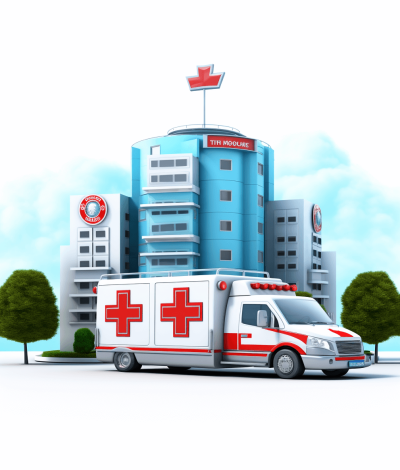 A white and red ambulance in front of a hospital building, in the cartoon style, on a white background, as a high resolution, professional photograph, with highly detailed elements and no watermarks or text on the walls. The sky behind the buildings is white. The image has hyper-realistic details, sharp focus, and high levels of detail.