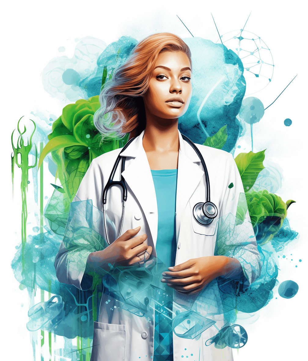 A beautiful black woman doctor with light brown hair and blue eyes, stands in front of an abstract background made up of green leaves, science icons, and watercolor splash effects by [Artgerm](https://goo.gl/search?artist%20Artgerm), white coat, stethoscope, white background, digital art style