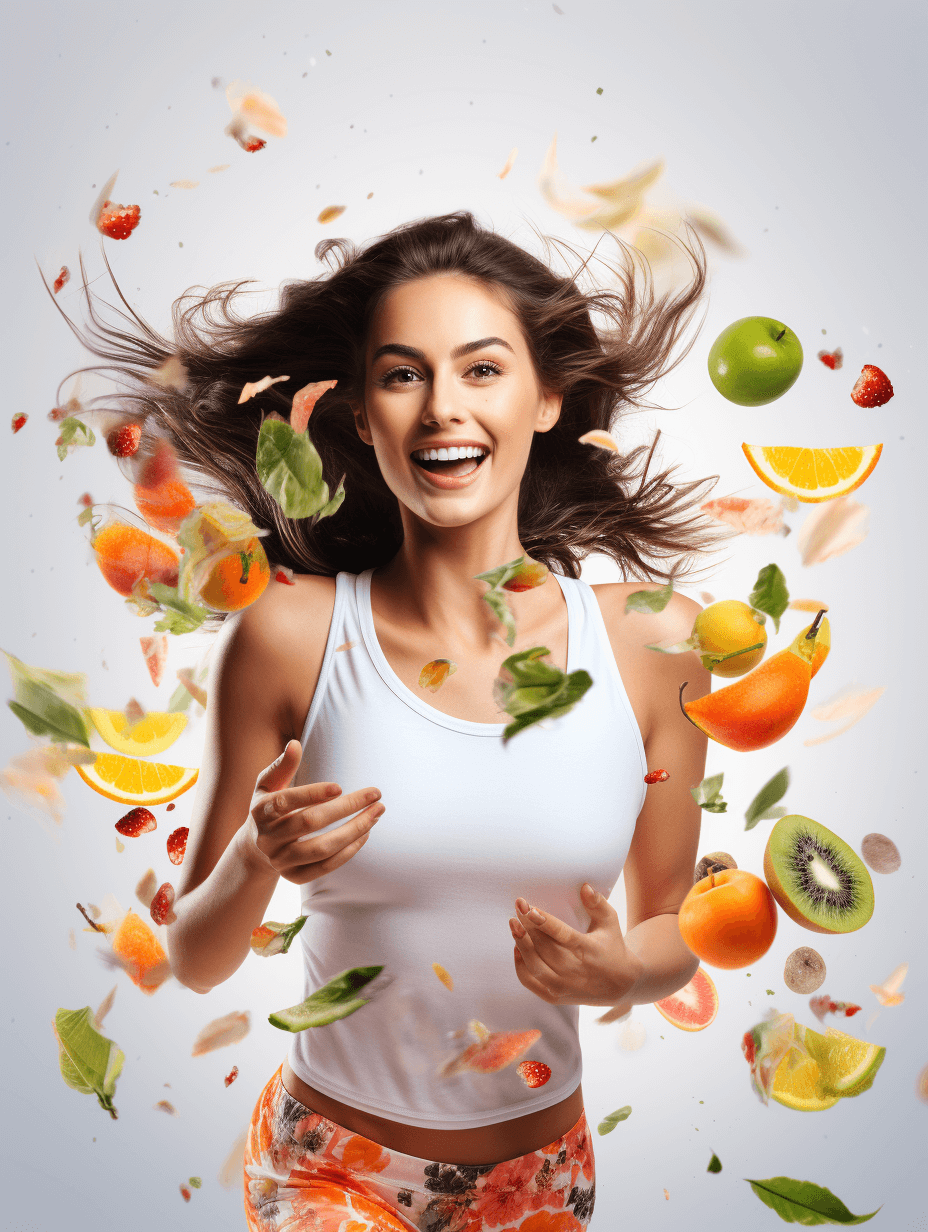 Beautiful smiling woman in a white tank top and colorful shorts, surrounded by flying fruits like oranges, apples or bananas. The girl is running around with her hair flowing behind her against a light gray background in the style of an isolated background. Beauty concept for skin care products advertising.