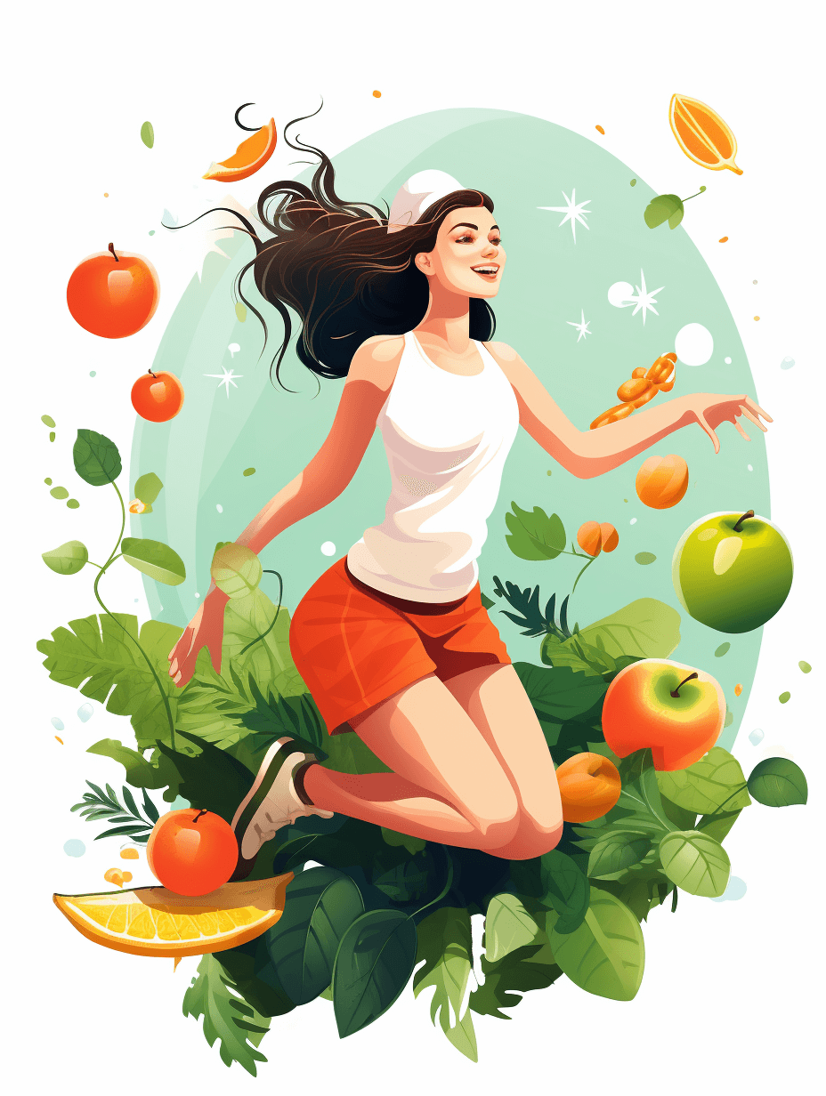 A beautiful girl is jumping in the air, surrounded by fruits and vegetables. She is wearing a white T-shirt with an orange short skirt. The illustration is in the style of a vector illustration with a flat, cartoon style. It has a cute theme with a healthy food theme on a white background with colorful green leaves. The image is high resolution, high detail, and high quality.