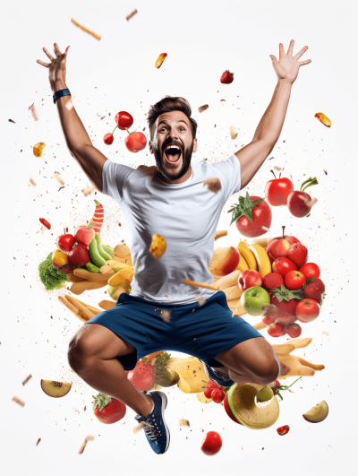 Realistic photo of an excited man in sportswear jumping surrounded by fruits, vegetables and fastdecay food on white background