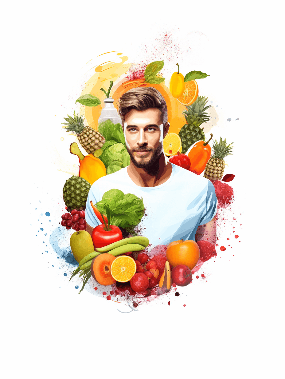 A realistic digital illustration of the face and upper body of a handsome man surrounded by fruits and vegetables in the style of clipart, isolated on a white background with margins, for a design graphic art print on a tshirt.