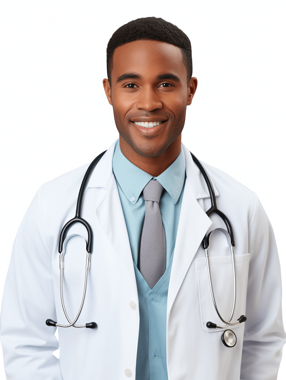 Handsome African American male doctor smiling with a stethoscope around his neck isolated on a white background in a detailed PNG photo stock image.