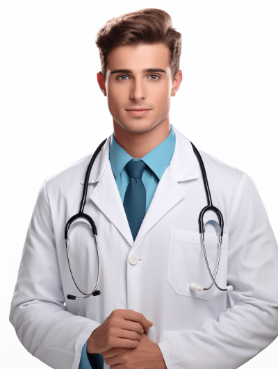 Handsome young doctor in a white coat with a stethoscope around his neck isolated, front view, no background, white background, professional photography, high quality.