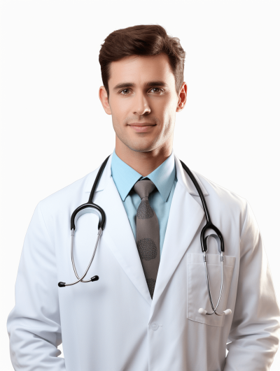 Portrait of a handsome young doctor in a white coat holding a stethoscope, looking at the camera isolated on a clear transparent background, in the style of a professional medical photography with a white background and soft shadows without contrast and with clean sharp focus, in the style of a magazine style photoshoot.