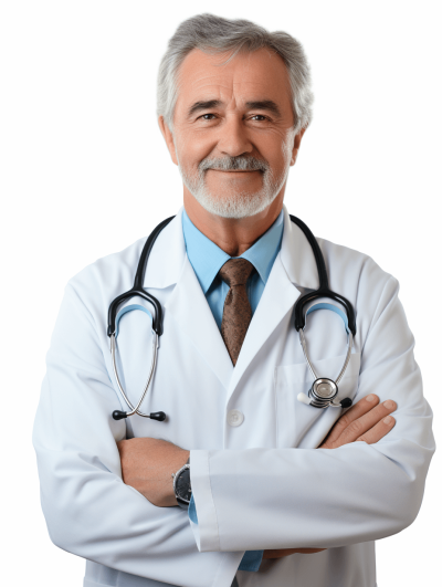 high quality photo of an old male doctor with a white coat and stethoscope, smiling to the camera with his arms crossed, isolated on a white background, in the style of an old photograph.