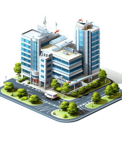 isometric illustration of a hospital building with a road and trees against a white background, in a 3D style without shadows, featuring a modern design with high resolution, highly detailed, hyper realistic details and high contrast and sharpness.