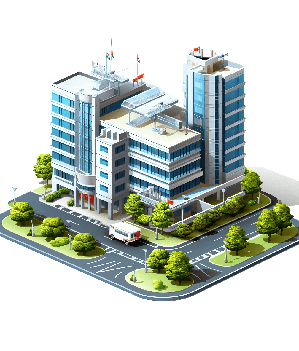 isometric illustration of a hospital building with a road and trees against a white background, in a 3D style without shadows, featuring a modern design with high resolution, highly detailed, hyper realistic details and high contrast and sharpness.