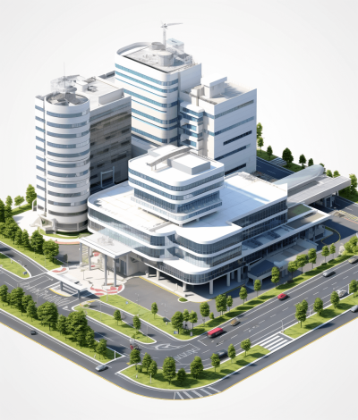 3d isometric modern hospital building with parking lot, white background, light colors, realistic render, cinema4D