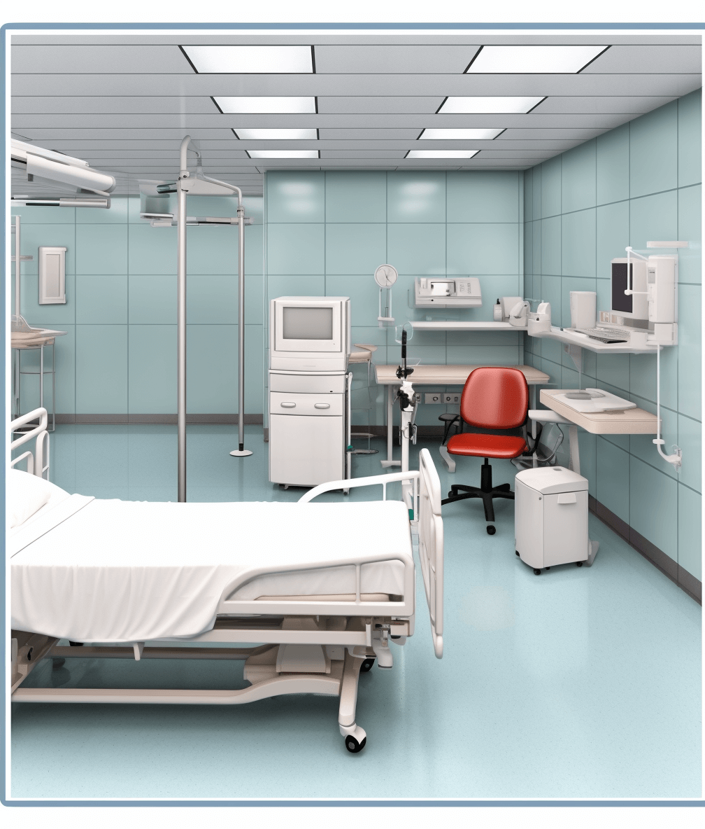 A hospital room with medical equipment and furniture, such as beds, chairs, desks, electronic devices, and other health care tools. The scene is depicted in a realistic style using light blue tones to highlight the professional atmosphere of healthcare settings. This setting can be used for images related to online heroism education or user interface design, rendered in Unreal Engine.