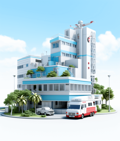 3D render of a hospital building in white and blue colors, on the roof an ambulance car is parked, on one side of the road palm trees are seen, on another part of the street some buildings are, white background, hyper realistic style, high resolution, high definition.