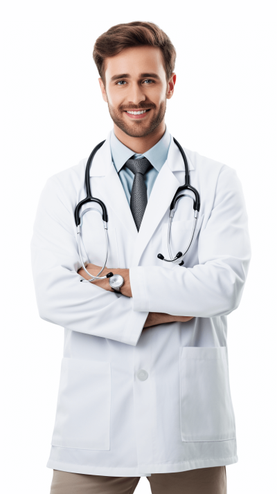 Portrait of a handsome young doctor in a white coat holding a stethoscope with his arms crossed smiling at the camera isolated on a clear background, with detailed depiction of his face and body in the style of a realistic portrait.