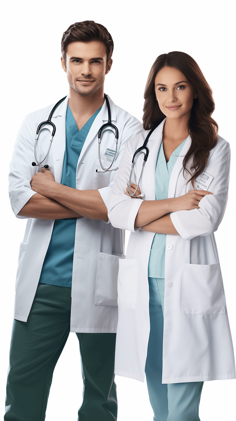 Two beautiful young doctors, a man and a woman, stand with their arms crossed. They wear white lab coats and green pants, with stethoscopes around their necks. They have dark hair and the photo shows their full bodies in front of a white background. The ultra realistic photography captures them looking at the camera.