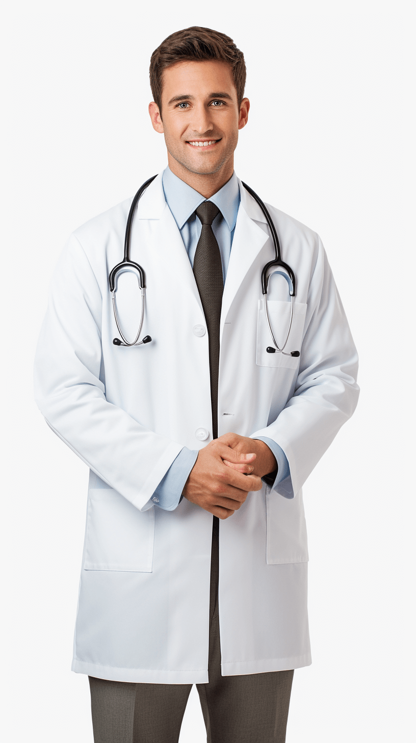 Handsome male doctor in the style of white coat, stethoscope around his neck and tie on the waist, smiling at camera, full body shot, transparent background, high resolution, no shadows, professional photography, high detail, high quality, hyper realistic, hyper detailed, super realistic