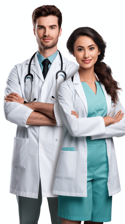 Two young doctors, a male and female, wearing white coats with stethoscopes crossed behind them, stand in front of the camera, smiling faces facing forward, in a waist up shot, full body photo, against a solid color background, in the style of high definition photography, on a white background, rendered in 3D, with realistic skin textures, in natural light, with soft tones, at a high resolution.