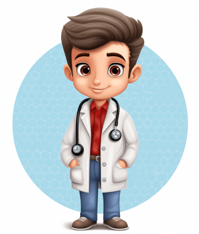 A cartoon male doctor character with brown hair, wearing a white coat and stethoscope around his neck, standing in front of a blue circle background vector illustration on a transparent or blank background for a tshirt design, print design, or graphic designer artwork in the style of a cute style. Vector illustration character design of a boy child or young teenager.