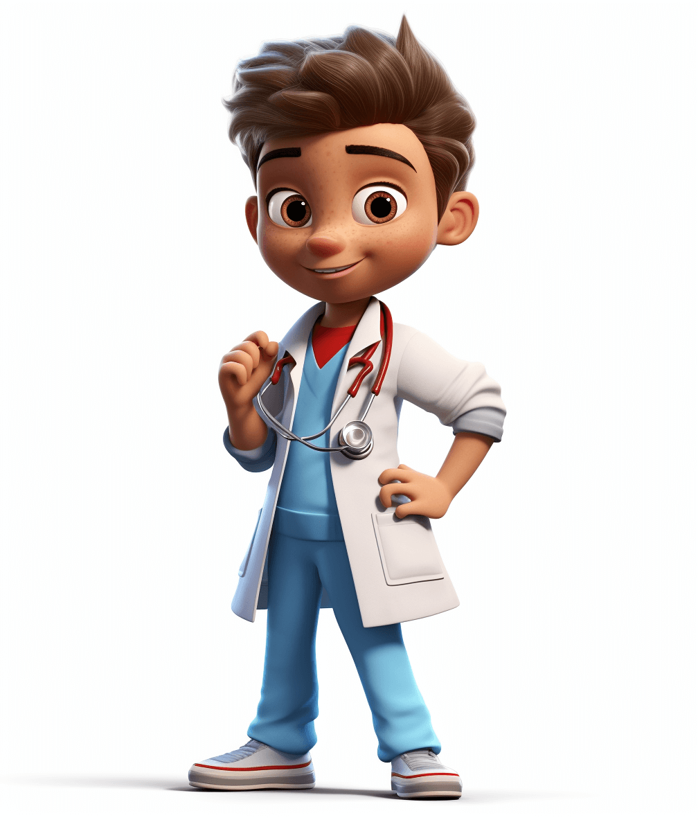 A cute boy doctor, wearing blue scrubs and a white lab coat with a stethoscope around his neck, brown hair in a side parting hairstyle, in the style of a Pixar cartoon character, full body shot, on a solid background.