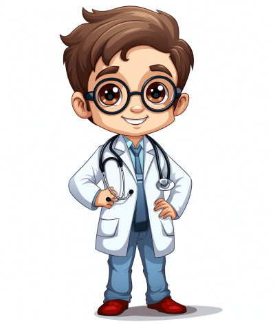 A cute cartoon style young doctor with glasses, clip art white background