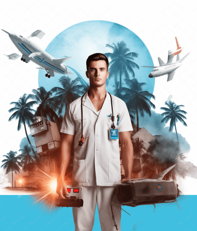 A male nurse stands in front of a tropical island, holding an ambulance and medical equipment in his hands. In the background are flying passenger planes, palm trees, and beach houses. The poster has a white and blue color theme, is high resolution, with realistic details. It uses bright colors to highlight lightness and vitality. The style is of high definition photography. White transparent background.