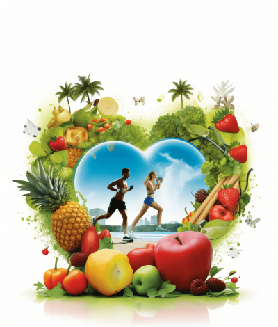 A heartshaped composition featuring vibrant fruits and vegetables, with two people running in the background, symbolizing health., white background, vector illustration style. The overall color scheme is bright and colorful, creating an atmosphere of vitality and wellbeing. A green tropical island can be seen behind them. It has exquisite details, clear edges, high resolution, and professional photography techniques.